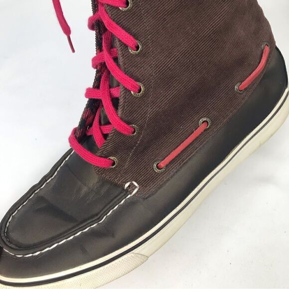 Sperry Top Sider Brown Corduroy Canvas Red Flannel Plaid High Top Sneaker Shoes - Picture 5 of 15